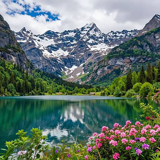 Vivid Mountain Lake with Blossoms