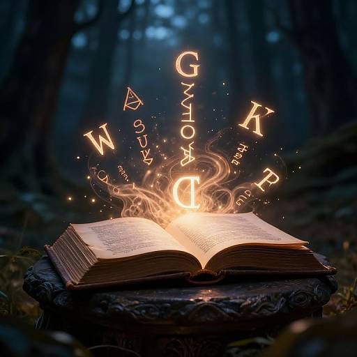 Photograph of an open, glowing book in a dark forest, with illuminated letters 