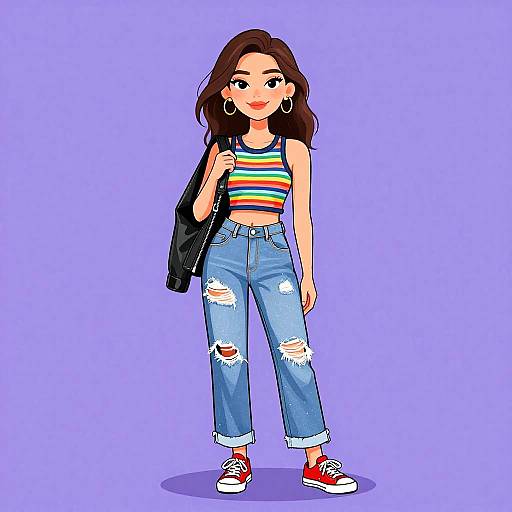 Digital illustration of a cute, young woman with long brown hair, wearing a rainbow crop top, ripped blue jeans, red sneakers, large hoop earrings,