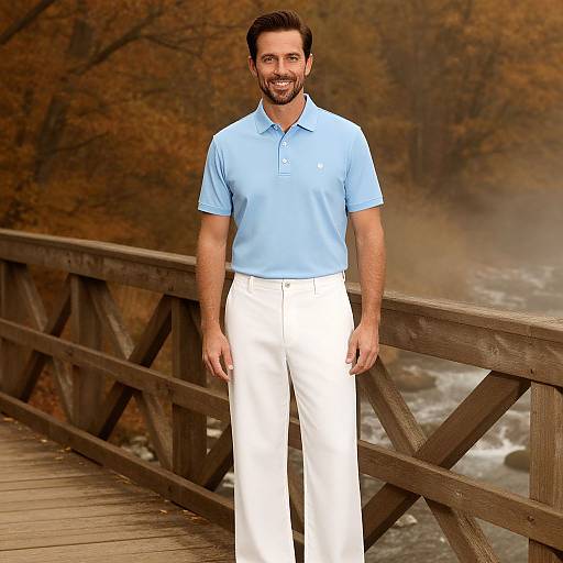 Photograph of a smiling, bearded man with short dark hair wearing a light blue polo and white pants, standing on a wooden bridge with a fog