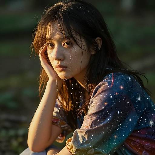 Photograph of a young Asian woman with long, wet hair, wearing a colorful shirt, sitting in a dimly lit, starry outdoor background,