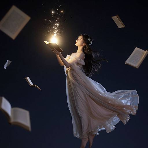 Photograph of a fair-skinned woman with long black hair, wearing a flowing white dress, casting a glowing spell, surrounded by floating books and star