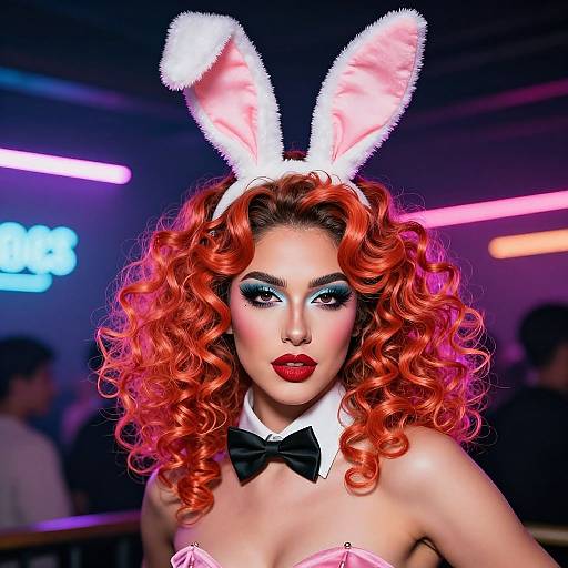 Vibrant Playboy Bunny with Neon Curls