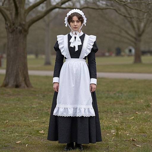 Photograph of a serious young woman in a black Victorian-style maid dress with white apron and lace, standing in a park with bare trees and grass
