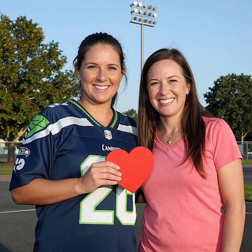 Photograph of a smiling brunette woman in a Seattle Seahawks jersey holding a red heart, standing next to a brunette woman in a pink shirt on a sunny