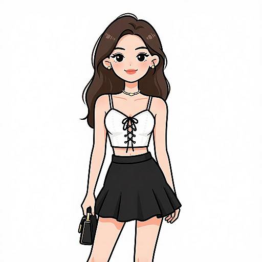 Digital anime-style drawing of a smiling young woman with long brown hair, wearing a white crop top and black skirt, holding a black smartphone.