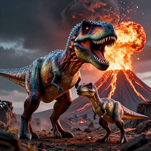 Neon T-Rex Guardianship Amid Volcano