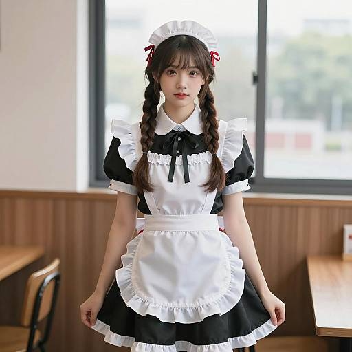 Young Woman in Traditional French Maid Outfit Indoors