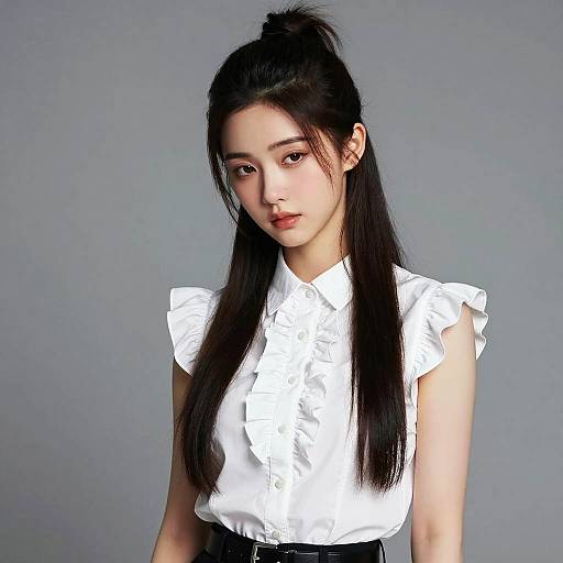 Thoughtful Young Woman in White Ruffle Blouse