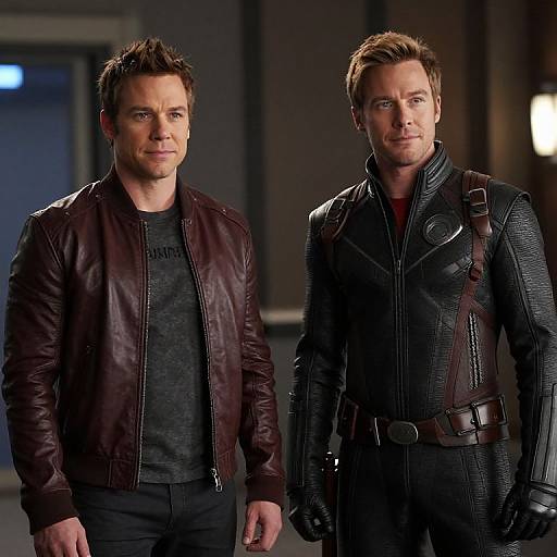 Photograph of two men standing side by side; left wears dark leather jacket and gray shirt, right in black leather suit with gloves and belt, both
