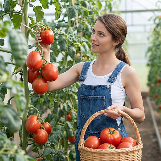 Photograph of a smiling brown-haired woman in denim overalls and white tank top, holding a basket of ripe tomatoes, picking from a tomato plant in