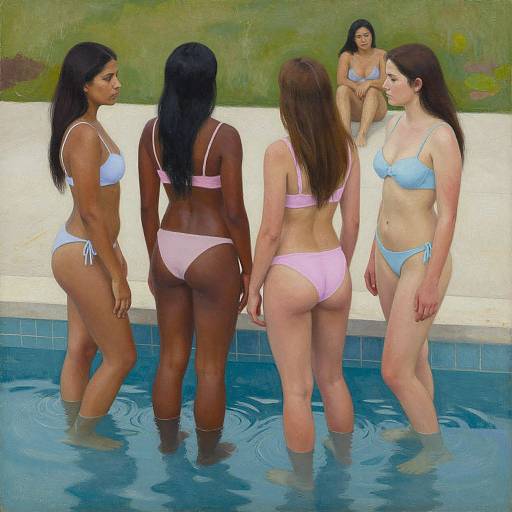 Digital painting of five women in bikinis by a pool; four standing in water, one sitting on edge, diverse skin tones, blue and pink bik