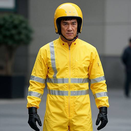 Photograph of an Asian man in a bright yellow construction uniform, reflective stripes, black gloves, and yellow helmet, standing outdoors.