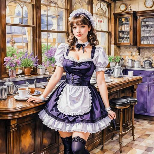 Curvy Woman in French Maid Outfit in Vintage Café Curvy Woman in French Maid Outfit in Vintage Café