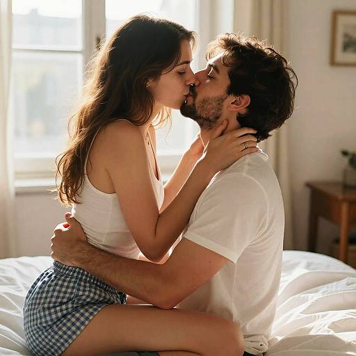 Photograph of a couple kissing on a sunlit bed, woman in white tank top and blue checkered shorts, man in white t-shirt, intimate