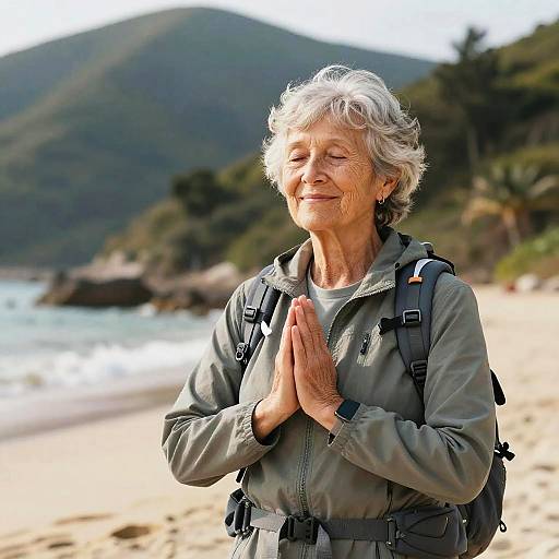 Photograph of an elderly woman with short gray hair, smiling, hands in prayer, wearing a gray jacket and backpack, on a sunny beach with mountains