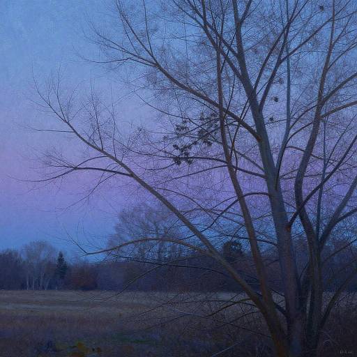 Photograph of a barren tree with thin branches against a twilight sky, blending shades of blue and purple, with a distant treeline and field in the