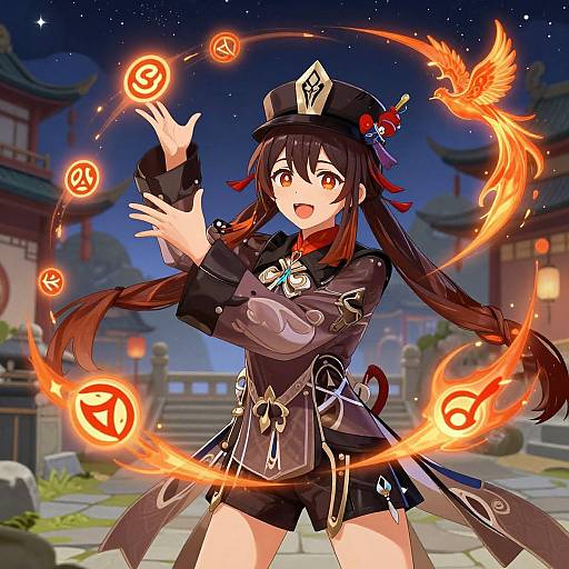 Anime-style digital illustration of a young girl with long brown hair, wearing a black outfit and hat, casting magical fire orbs in a nighttime Asian-style courtyard