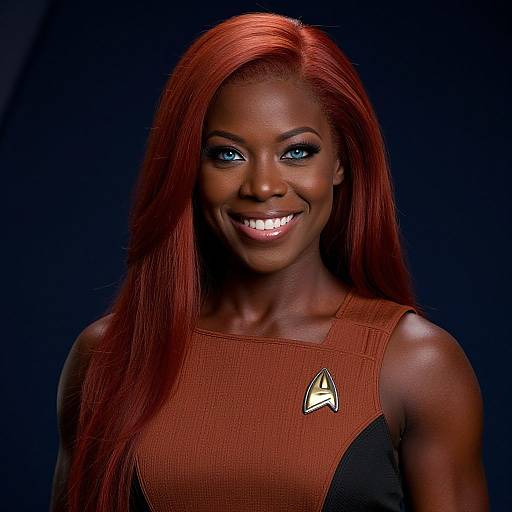 Photograph of a smiling Black woman with long red hair, wearing a brown Starfleet shirt with a triangular emblem, against a dark blue background.