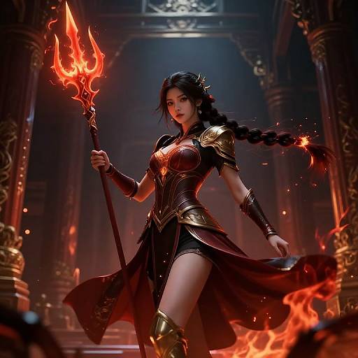Digital artwork of a fierce, dark-haired warrior woman with braided hair, holding a flaming trident in a grand, firelit temple.