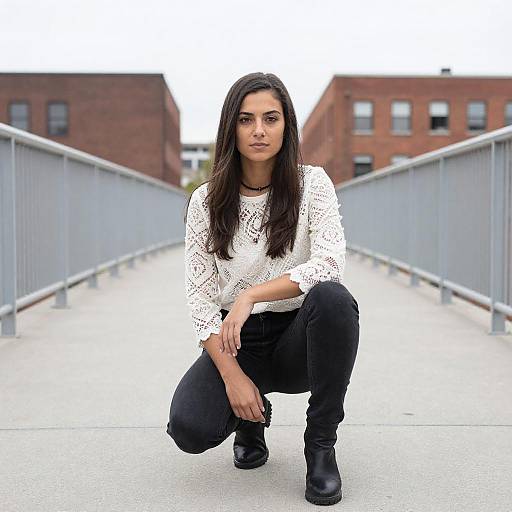 Photograph of a young South Asian woman with long black hair, wearing a white lace top, black pants, and black boots, squatting on a