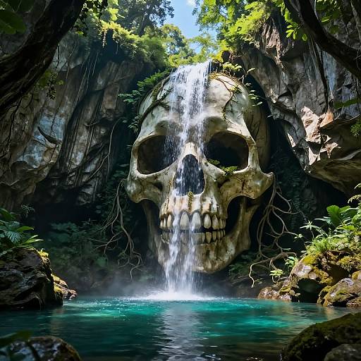 Photorealistic digital art: Giant skull embedded in rocky cliff, waterfall cascading down center, turquoise pool at base, surrounded by lush greenery.