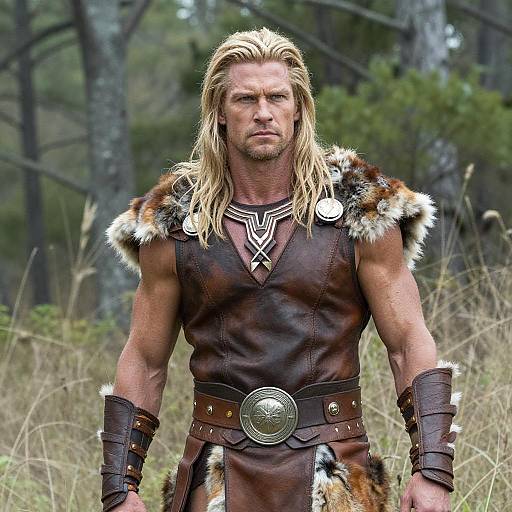 Muscular Man in Tribal Leather Costume in Forest
