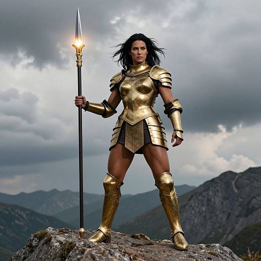 Warrior Woman in Golden Armor on Mountain Ledge