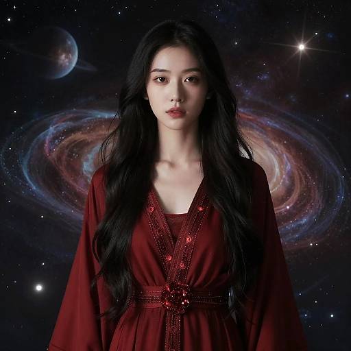 Photograph of an Asian woman with long black hair, wearing a red dress, against a cosmic background with a spiral galaxy.