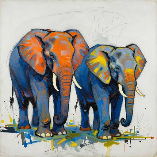 Vibrant digital painting of two elephants with blue, orange, and yellow patterns, standing side by side on a white background.