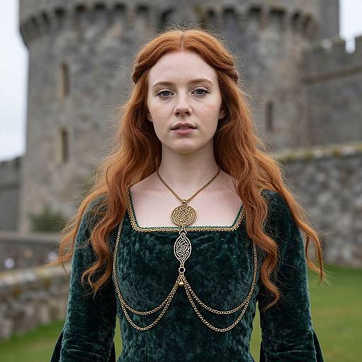 Photograph of a red-haired woman with fair skin, wearing a green velvet dress and gold chain necklace, standing in front of a medieval stone castle.