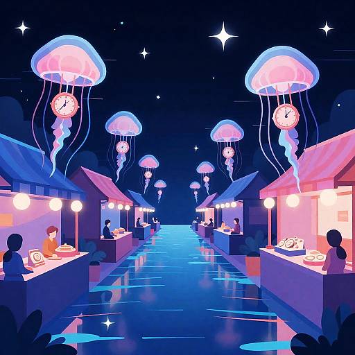 Neon Market with Clockwork Jellyfish