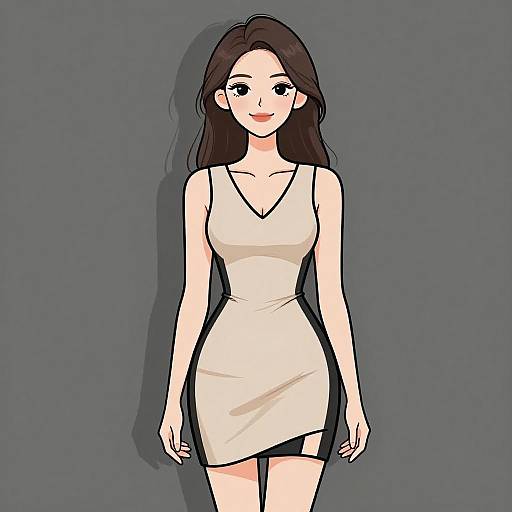 Digital anime-style drawing of a smiling woman with long dark brown hair, fair skin, wearing a tight, sleeveless white dress against a gray background.