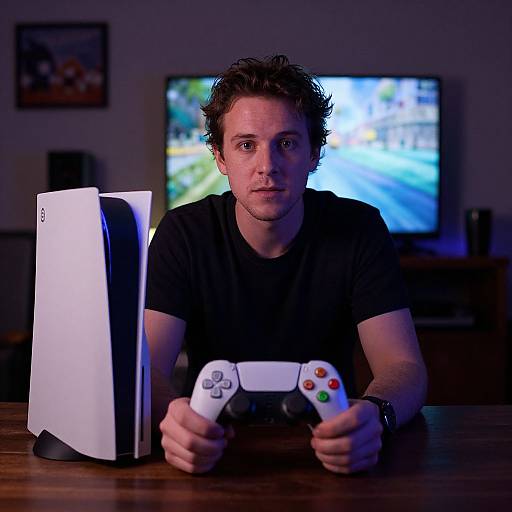 Photograph of a focused, middle-aged man with curly brown hair, wearing a black t-shirt, playing a video game on a white Xbox 360