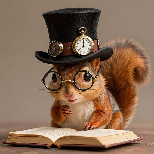 Photorealistic CGI of a cute squirrel wearing a black top hat with clock, round glasses, and reading an open book.