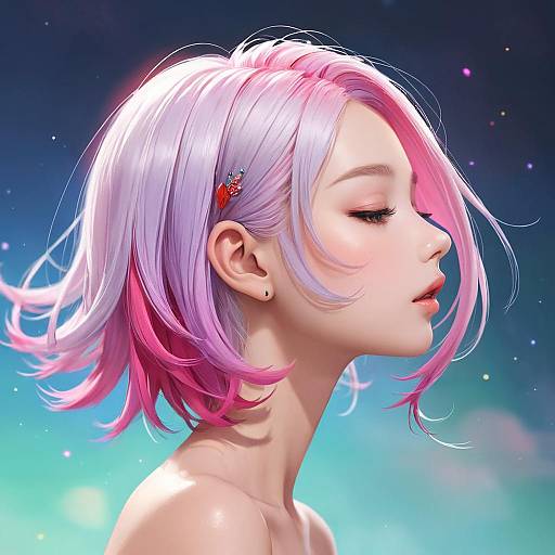 Profile of Young Woman with Pink and White Hair