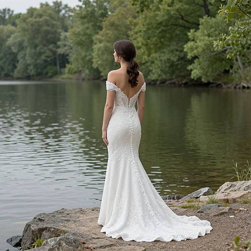 Photograph of a woman with long brown hair in an off-shoulder white lace wedding dress, standing by a calm lake, facing away, surrounded