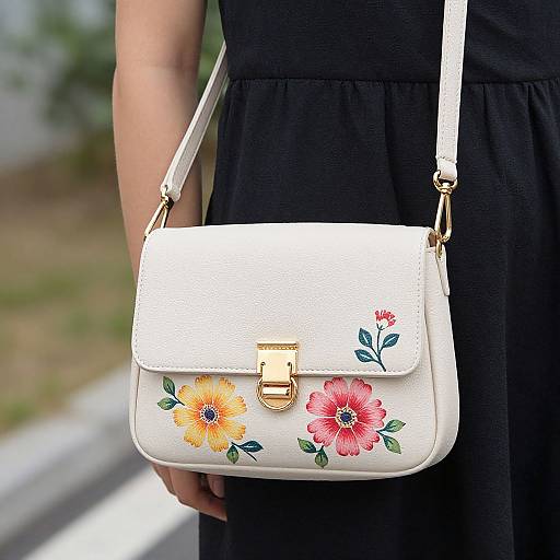 Photograph of a white floral-embroidered crossbody bag with gold clasp, worn by a person in a black dress, against a blurred