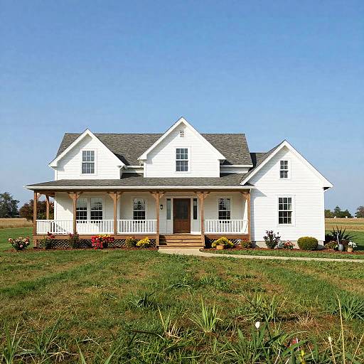 Photograph of a white, two-story, ranch-style house with a gray roof, wrap-around porch, and white railings, set in a green