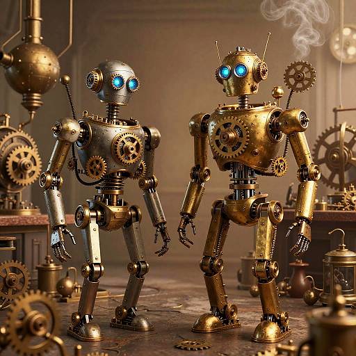 Photograph of two golden steampunk robots with blue glowing eyes, standing in a cluttered, gear-filled workshop with smoky details.