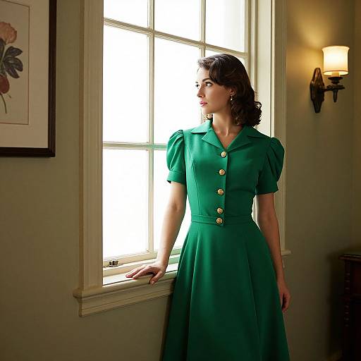 1940s Woman by Window in Green Dress