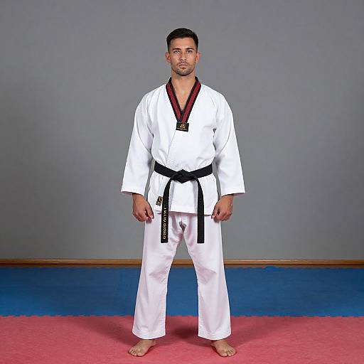 Photograph of a young man with short black hair and light skin, wearing a white judo gi with black belt and red trim, standing barefoot