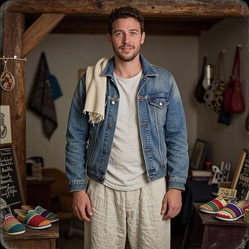 Man in Vintage Denim Jacket and Linen Trousers