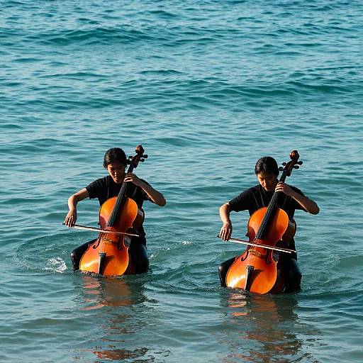 Two young men with dark hair play double basses in turquoise ocean water, wearing black shirts, against a blue sea backdrop.