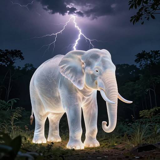 Photograph of a glowing, illuminated elephant with detailed texture, standing in a dark forest during a lightning storm, highlighting its ethereal, illuminated form against