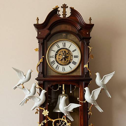 Antique wooden clock with white doves flying around, surrounded by golden vine decorations, displayed against a beige wall.