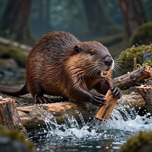 Photograph of a wet, brown beaver with open mouth, gripping a stick, standing in a small waterfall on a forest stream.