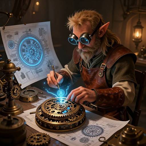 Steampunk elf with glasses and beard, welding intricate blue glowing gears on a table, surrounded by technical blueprints and brass machinery.
