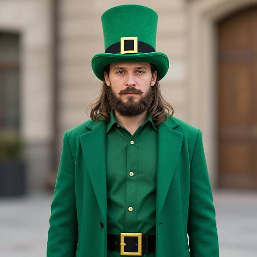 Photograph of a bearded man with long brown hair, wearing a green top hat, green suit, and shirt, with a black belt and gold