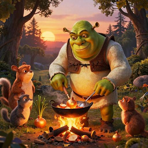 Cartoon green ogre cooking over a campfire with five curious squirrels, sunset background, forest setting, warm light, whimsical scene.